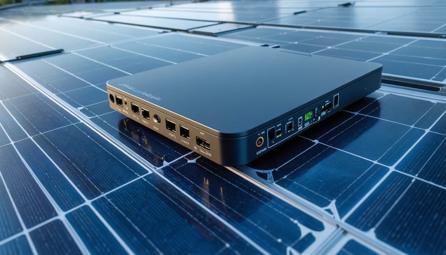 Edge computing device mounted on solar panel frame with blue sky background
