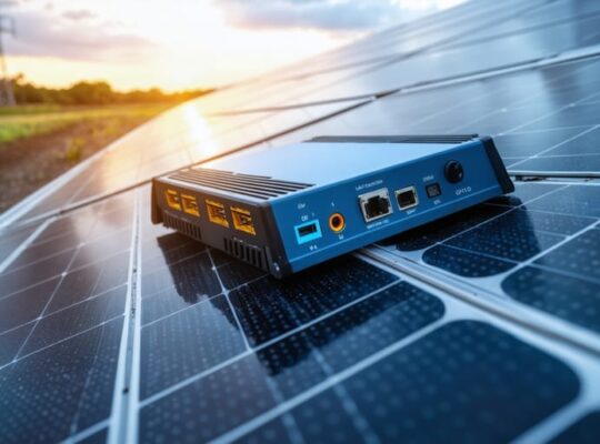 Rugged edge computing module mounted next to a solar inverter under photovoltaic panels, with rows of solar arrays, battery containers, and a distant communications mast softly blurred in warm golden hour light.