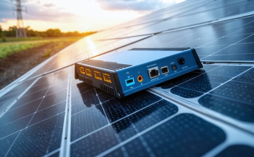 Rugged edge computing module mounted next to a solar inverter under photovoltaic panels, with rows of solar arrays, battery containers, and a distant communications mast softly blurred in warm golden hour light.