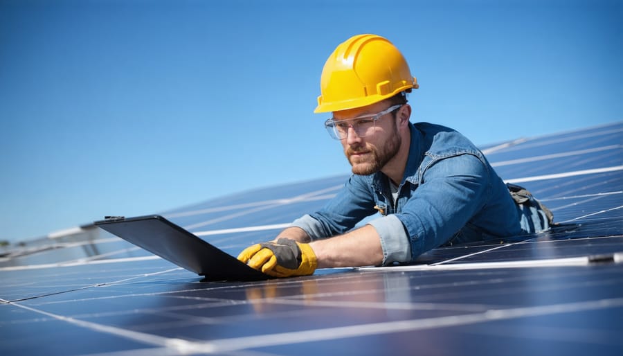 Solar installer examining panel connections during residential installation