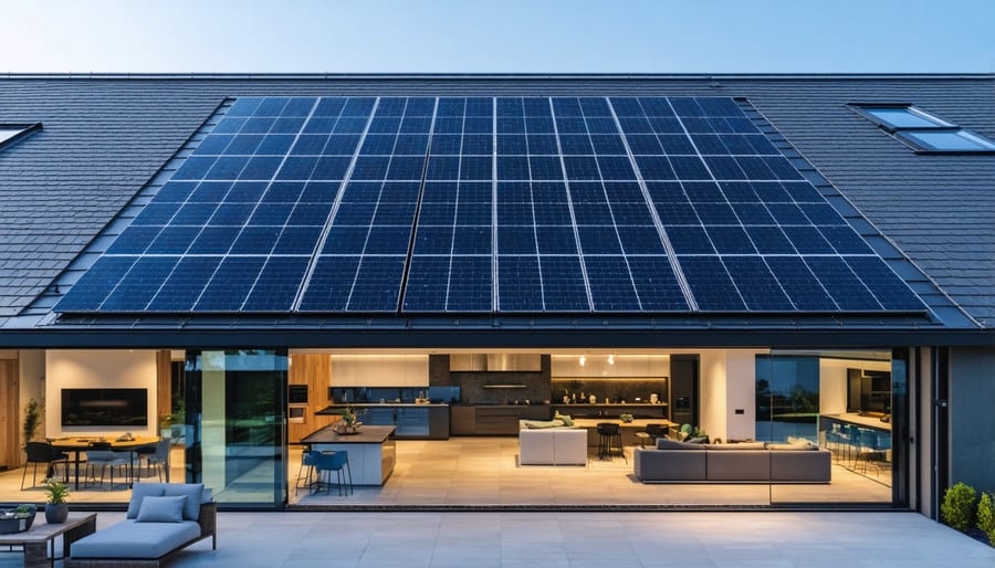 Modern frameless solar panels installed on residential roof