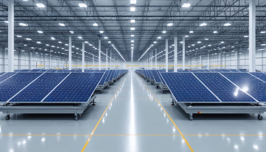 Modern JA Solar manufacturing facility exterior at dusk showing industrial architecture