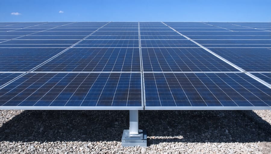 Aerial view of extensive solar panel farm installation across landscape