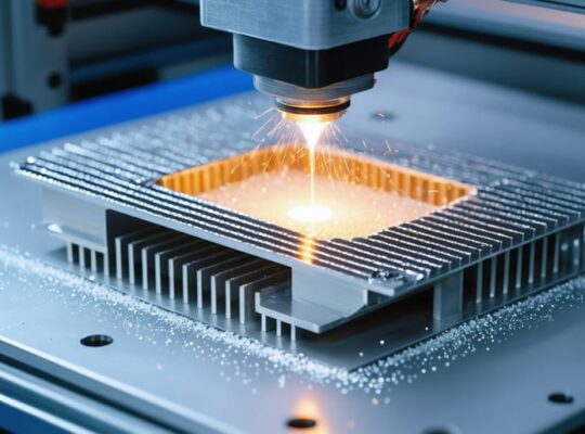 "Metal 3D printer using laser powder-bed fusion to create an aluminum lattice heat sink with a blurred solar panel assembly line in the background under cool studio lighting"
