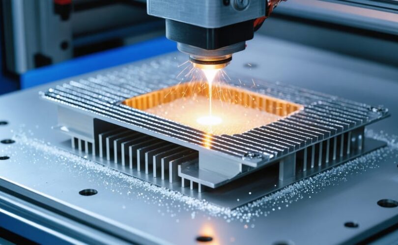 "Metal 3D printer using laser powder-bed fusion to create an aluminum lattice heat sink with a blurred solar panel assembly line in the background under cool studio lighting"