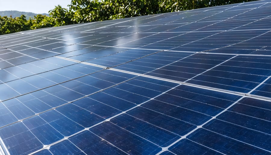 Large-scale solar farm installation featuring rows of monocrystalline solar panels