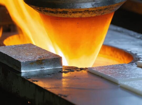 Monocrystalline silicon ingot being pulled from a glowing crucible in a cleanroom, with a polycrystalline silicon block and wafer slices blurred on a nearby stainless workbench