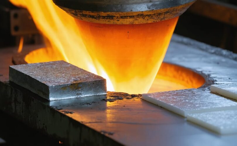 Monocrystalline silicon ingot being pulled from a glowing crucible in a cleanroom, with a polycrystalline silicon block and wafer slices blurred on a nearby stainless workbench
