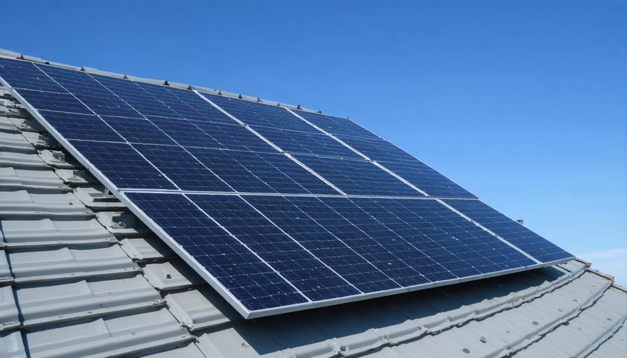 Close-up of installer securing solar panel mounting hardware to residential roof structure