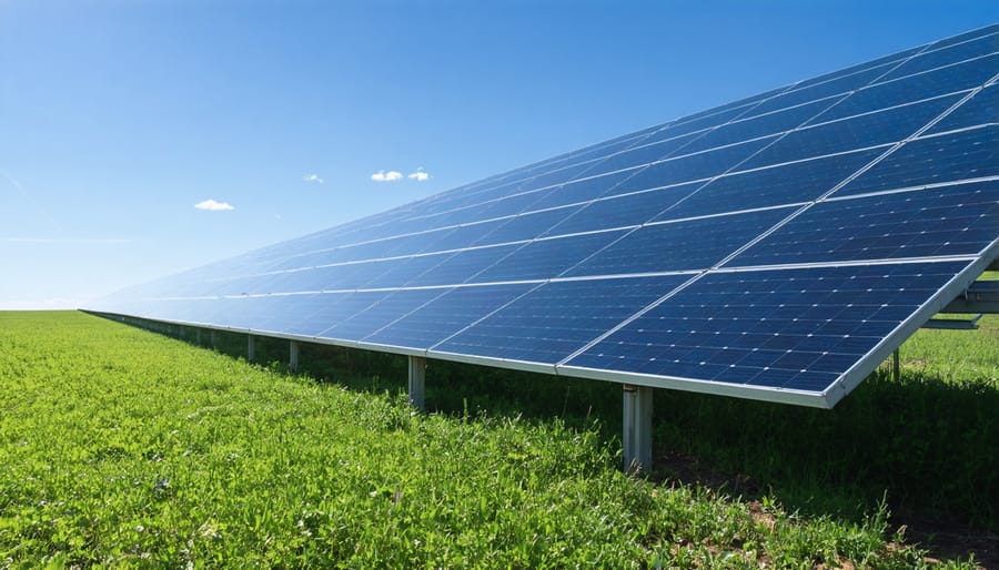 Aerial view of extensive solar panel array installation in rural landscape