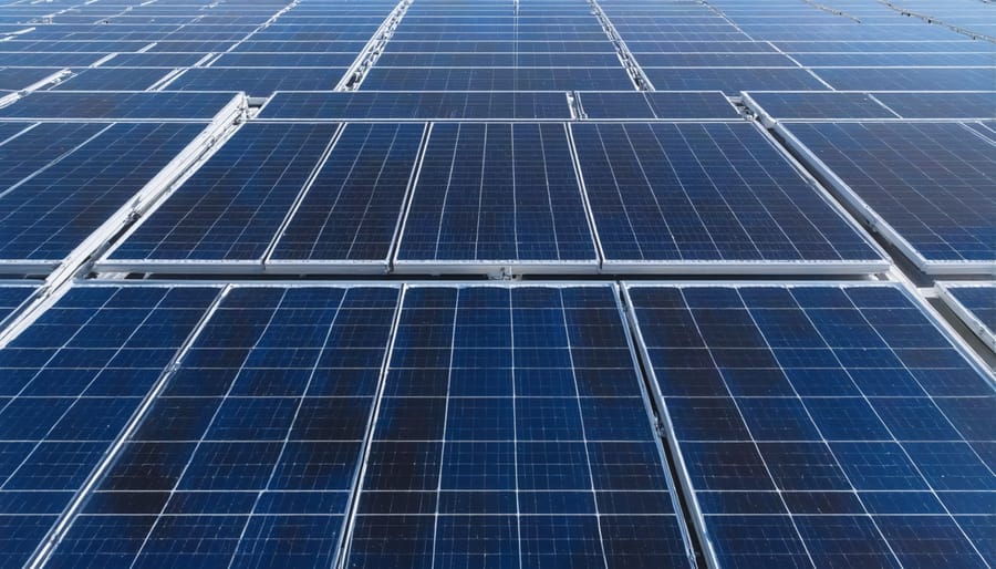 Aerial view of multiple solar panel installations on residential rooftops in suburban neighborhood