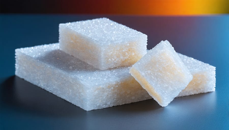 Close-up of polysilicon crystals and silicon wafers used in solar panel manufacturing