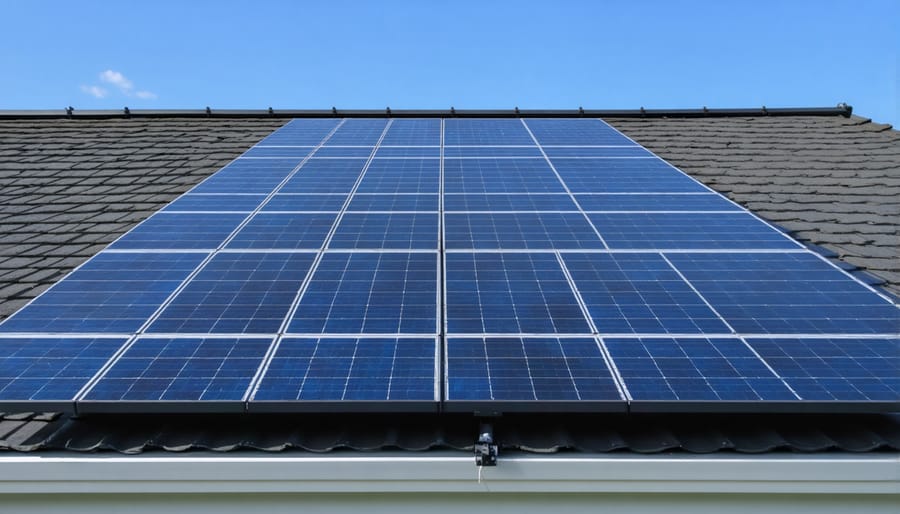 Solar installation professional inspecting residential solar panel system on rooftop