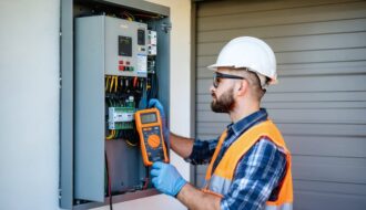 Electrician wearing PPE uses a clamp meter to inspect a wall-mounted solar inverter and lithium-ion battery cabinet in a residential garage with conduit runs, equipment in sharp focus and background softly blurred.