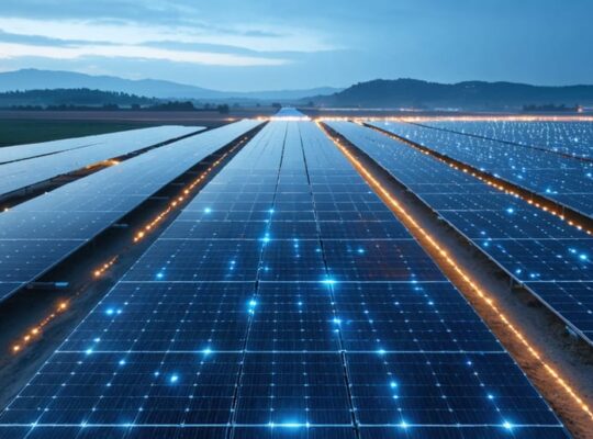 Elevated oblique view of a large solar farm at sunset with soft glowing circuitry and light trails hovering above the panels, suggesting quantum computing analysis; distant hills and maintenance vehicles appear subtly blurred.