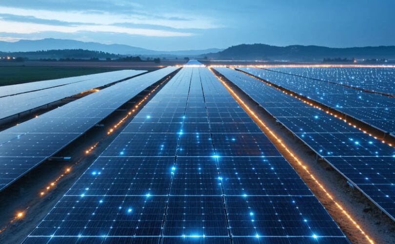 Elevated oblique view of a large solar farm at sunset with soft glowing circuitry and light trails hovering above the panels, suggesting quantum computing analysis; distant hills and maintenance vehicles appear subtly blurred.