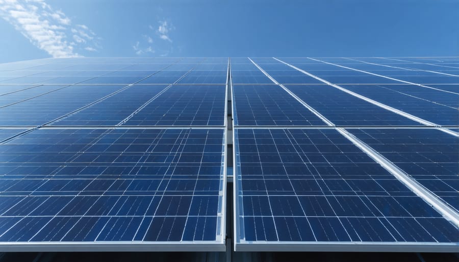 Multiple residential rooftops with solar panel installations showing different mounting configurations