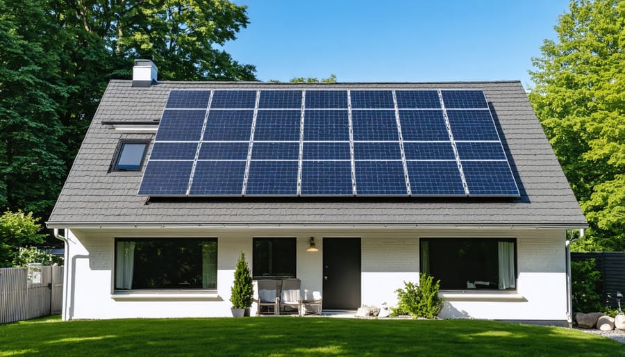 Homeowner viewing solar panel installation on residential rooftop in suburban setting