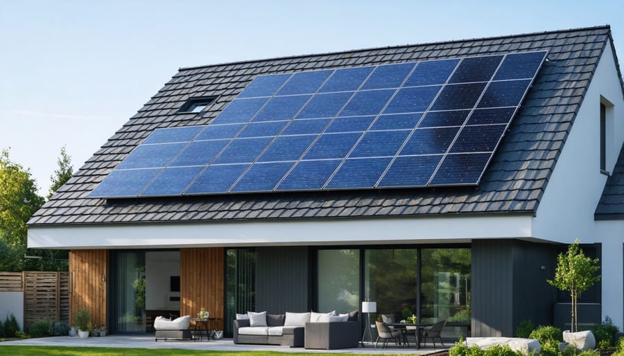 Modern home with rooftop solar panel installation against blue sky