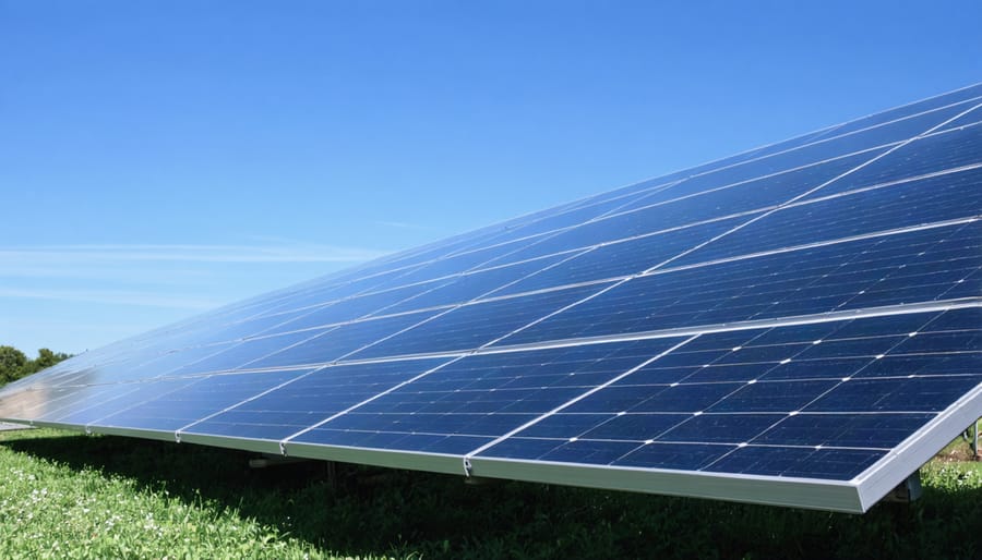Residential solar panel installation on home rooftop against blue sky
