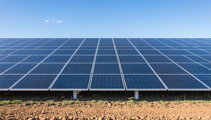 Urban skyline transitioning to rural landscape with solar installation visible