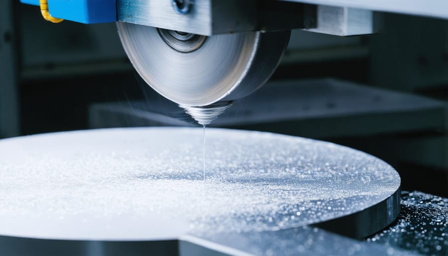 Diamond wire saw cutting silicon ingot into wafers in manufacturing facility
