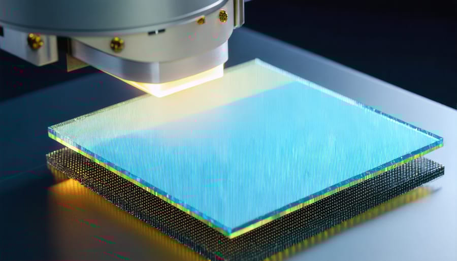 Close-up of silicon wafer being inspected by technician in white gloves