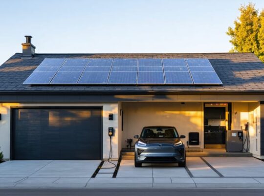 Modern house at golden hour with rooftop solar panels, open garage showing wall-mounted home battery and inverter, and an electric car charging in the driveway; softly blurred neighborhood in the background.