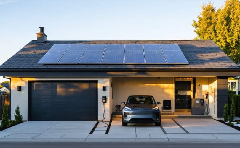 Modern house at golden hour with rooftop solar panels, open garage showing wall-mounted home battery and inverter, and an electric car charging in the driveway; softly blurred neighborhood in the background.