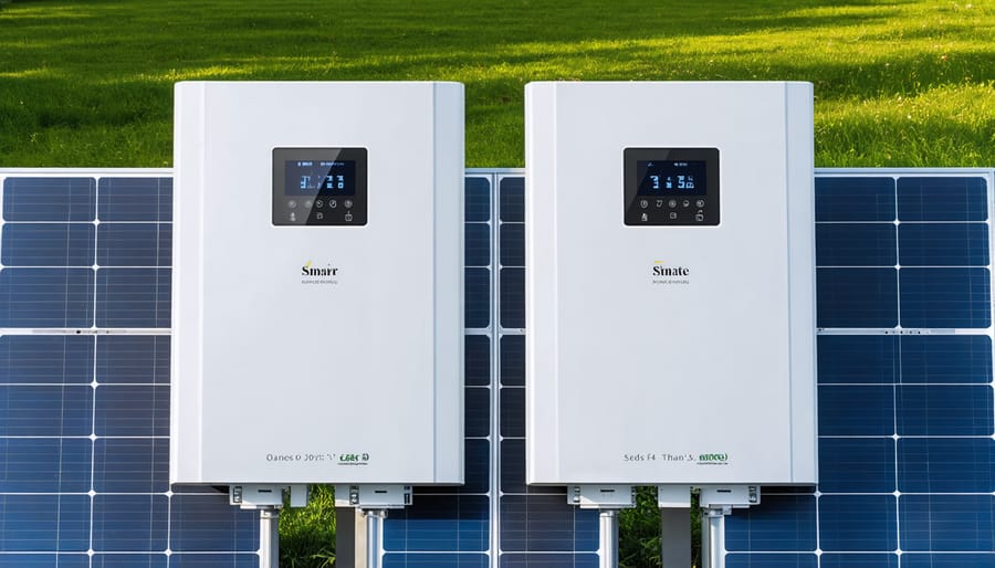 Solar inverter with power optimizers installed on residential rooftop with solar panels