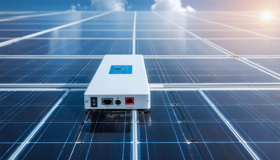 Modern smart inverter installed on residential wall with LED indicators