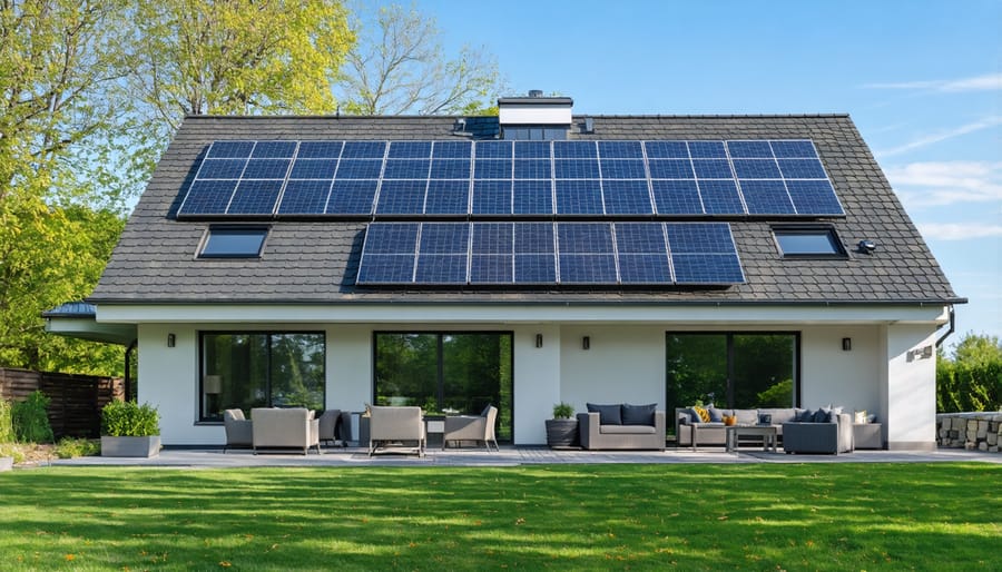 Residential home with solar panels installed on rooftop in suburban setting