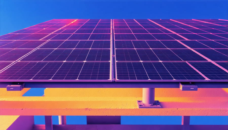 Solar technician using thermal imaging camera to inspect rooftop solar panel array