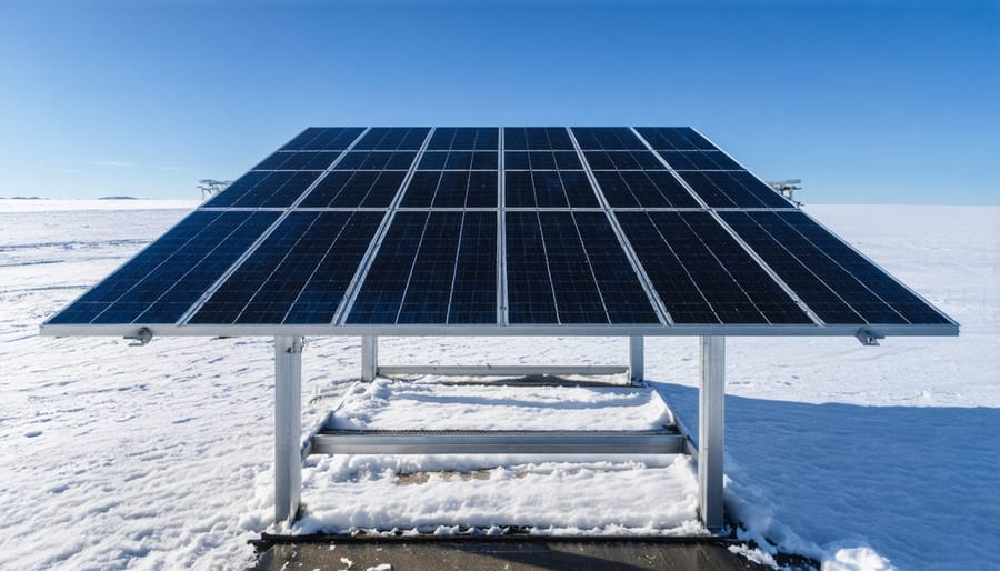 Snow-covered solar panels on steep residential roof showing natural snow shedding design