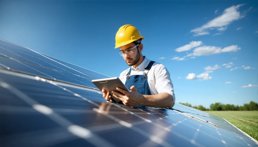 Female student learning solar panel technology in technical training laboratory