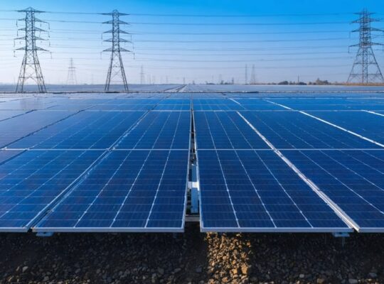 Utility-scale solar farm at golden hour with blue panels in the foreground and a distant coal power plant with steam plumes and transmission lines in the background.