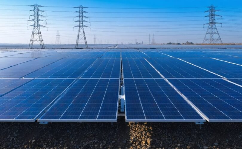 Utility-scale solar farm at golden hour with blue panels in the foreground and a distant coal power plant with steam plumes and transmission lines in the background.