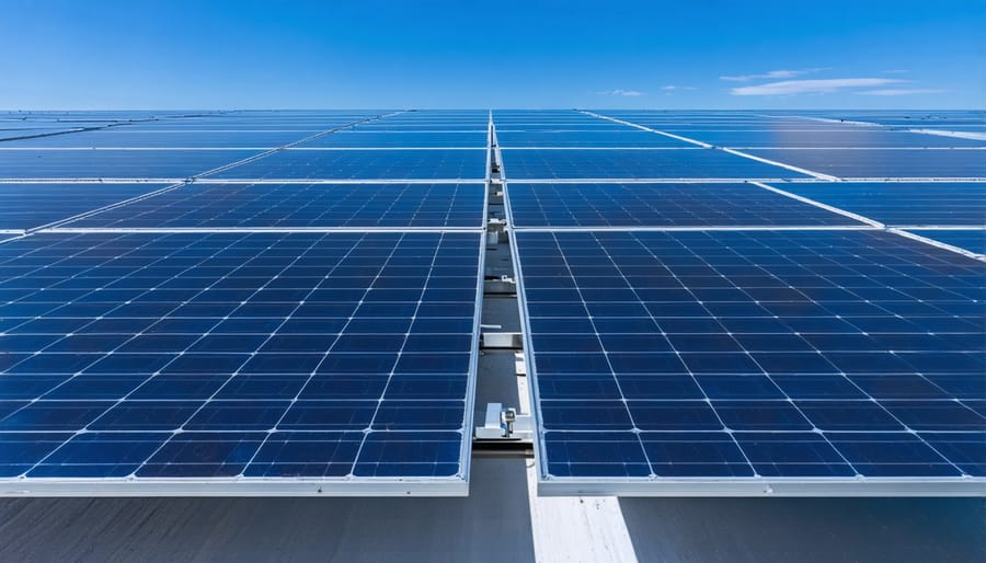 Large solar farm with monitoring sensors installed on panel arrays during golden hour