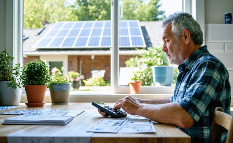Homeowner at kitchen table holding a calculator next to unlabeled bills, looking through a window at sunlit rooftop solar panels; soft natural light with slightly blurred suburban rooftops in the background.