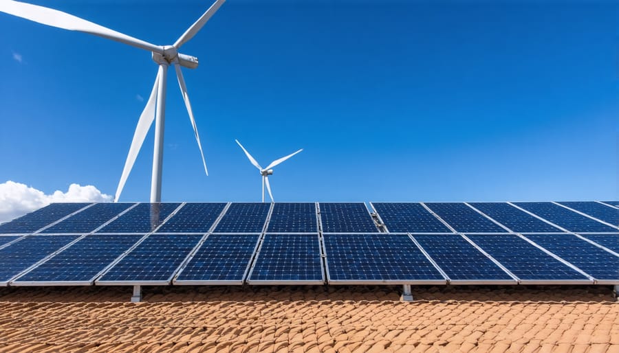 Solar panels on building rooftop with coal power plant visible in background