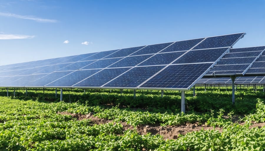Electrical substation and transmission equipment with solar array in background