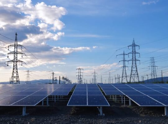Eye-level wide photo of a utility-scale solar farm leading to a high-voltage substation with transformers and transmission towers, lit by golden hour side light under partly cloudy skies, with a distant hazy city skyline and rolling hills in the background