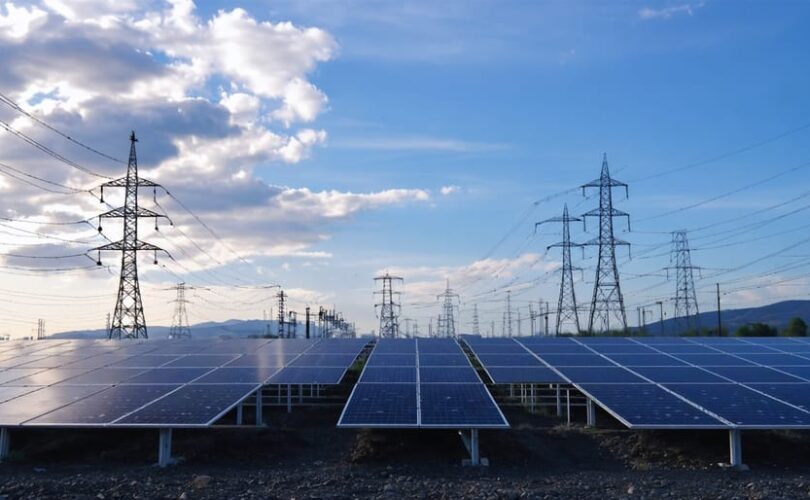 Eye-level wide photo of a utility-scale solar farm leading to a high-voltage substation with transformers and transmission towers, lit by golden hour side light under partly cloudy skies, with a distant hazy city skyline and rolling hills in the background