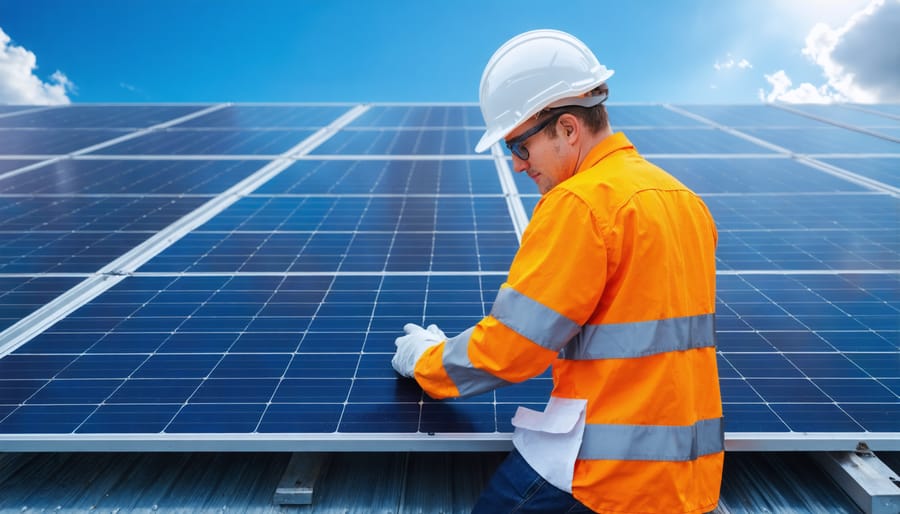 Team of solar technicians installing photovoltaic panels on residential rooftop