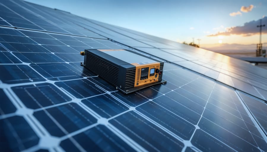 Close-up of solar inverter equipment showing technical components and connections