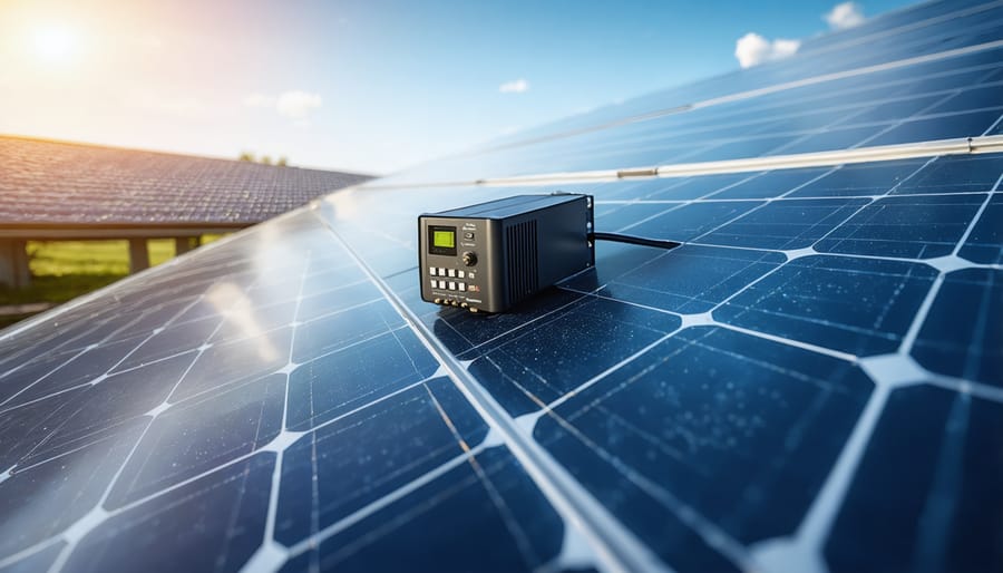 Rooftop solar panels with inverter equipment mounted on residential building