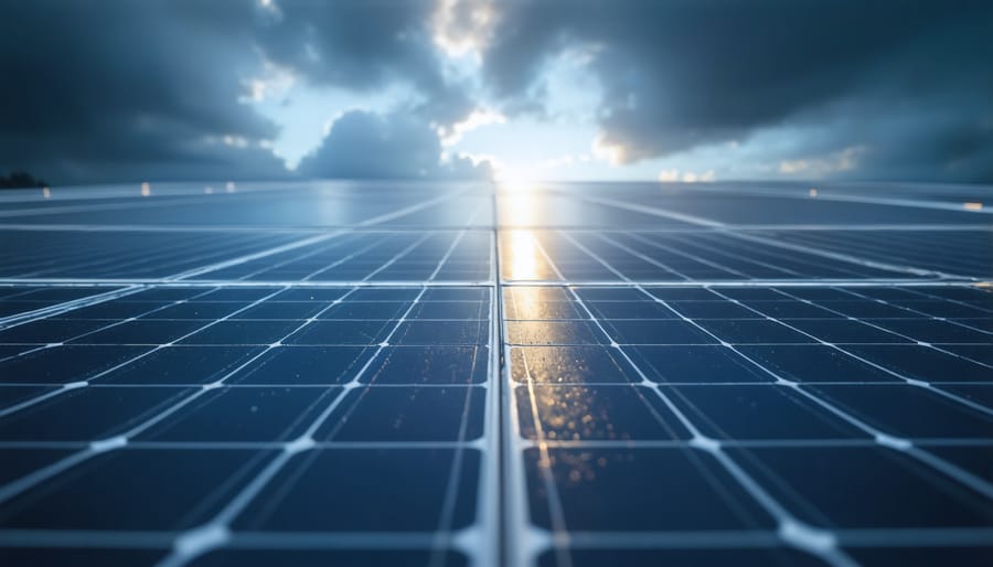 Solar technician inspecting commercial solar panel installation during maintenance
