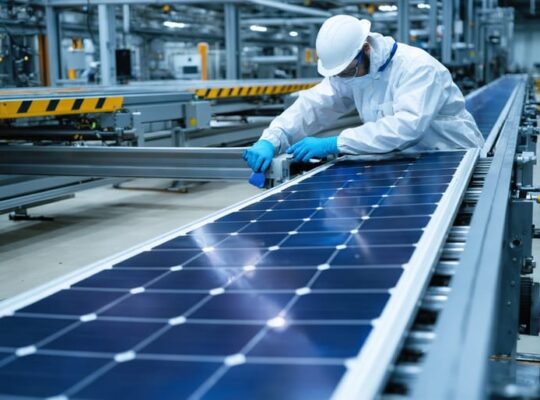 Technician in protective gear inspecting dismantled solar panels and lithium-ion battery modules on a conveyor inside a clean recycling facility, with automated machinery and stacked retired panels in the background.