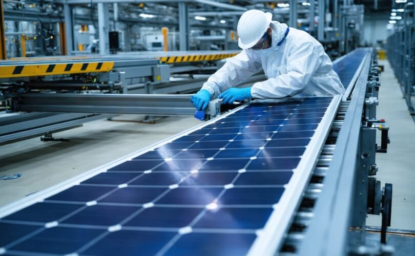 Technician in protective gear inspecting dismantled solar panels and lithium-ion battery modules on a conveyor inside a clean recycling facility, with automated machinery and stacked retired panels in the background.