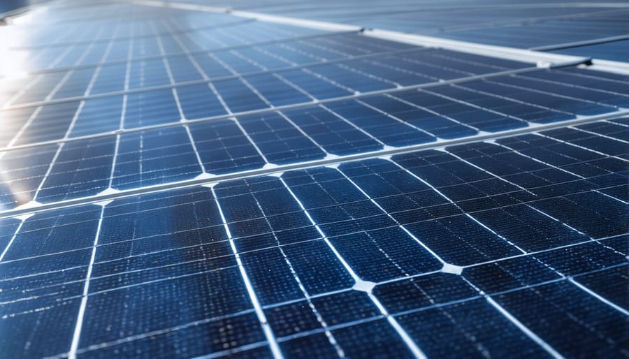 Detailed close-up of solar panel crystalline cell surface showing texture and weathering